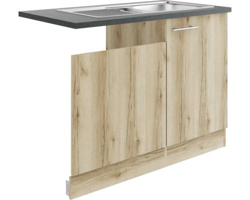 Optifit Spülenschrank inkl Spüle Geschirrspülerblende für teilintegrierten Geschirrspüler Livorno290 BxTxH 110x60x84,8 cm wildeiche matt strukturiert zerlegt Anschlag reversibel (links oder rechts montierbar) Küchenspülenunterschrank mit Arbeitsplatte, Tür und Sockel