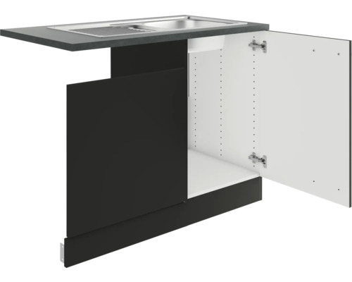 Küchenspüle mit Unterschrank und geöffneter Tür