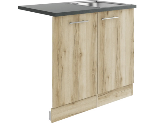 Meuble d'évier Optifit avec évier cache de lave-vaisselle pour lave-vaisselle entièrement encastré Livorno290 lxpxh 90 x 60 x 84,8 cm chêne sauvage mat structuré démonté tirant réversible (montage à gauche ou à droite) Évier de cuisine avec meuble bas et deux portes en décor bois