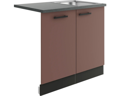 Meuble d'évier Optifit avec évier Cache de lave-vaiselle pour lave-vaisselle entièrement encastré Nizza407 lxpxh 90 x 60 x 84,8 cm rouge rouille mat démonté tirant réversible (montage à gauche ou à droite) Meuble sous-vasque avec deux portes, évier et plan de travail