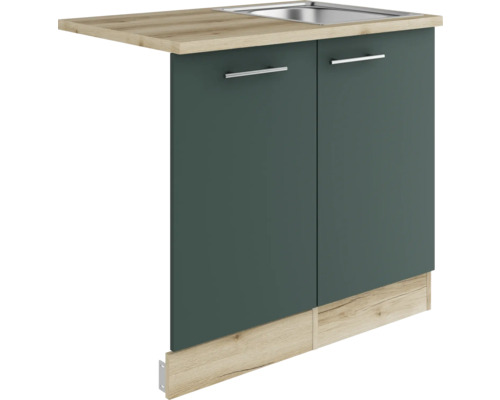 Meuble d'évier Optifit avec évier Cache de lave-vaiselle pour lave-vaisselle entièrement encastré Savona405 lxpxh 90 x 60 x 84,8 cm vert mat démonté tirant réversible (montage à gauche ou à droite) Évier de cuisine avec meuble bas et deux portes