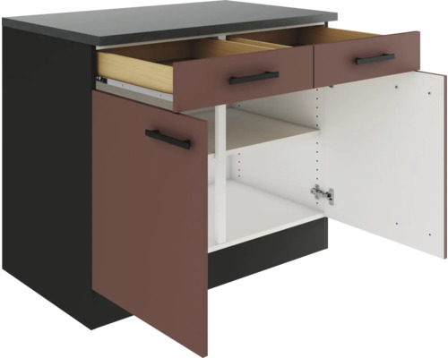 Meuble bas de cuisine avec tiroirs et portes ouvertes pour le rangement