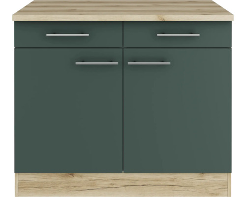 Meuble bas avec deux tiroirs, deux portes et poignées en métal