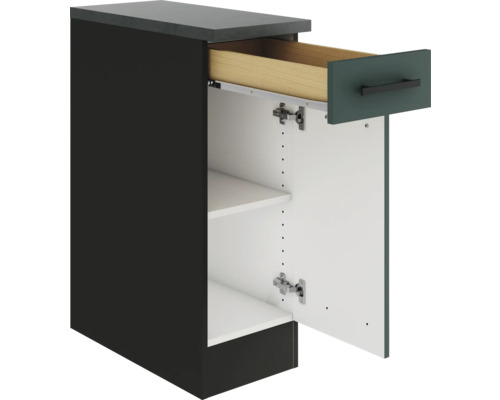 Meuble bas avec tiroir, porte ouverte et étagères