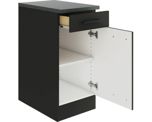 Meuble bas de cuisine avec tiroir et porte ouverte