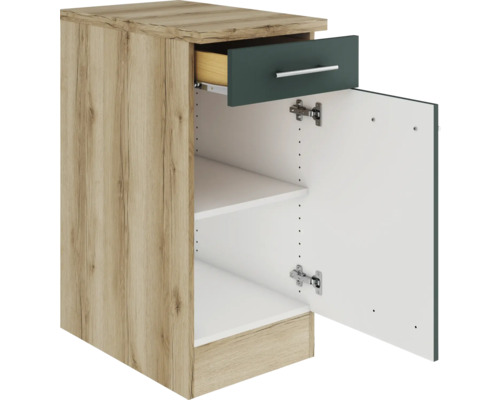 Meuble bas de cuisine avec tiroir, étagères et porte ouverte