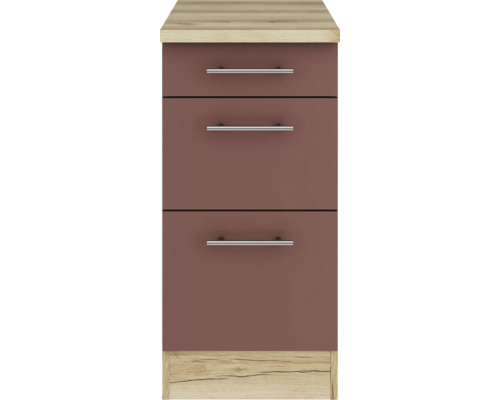 Meuble bas avec trois tiroirs et poignées