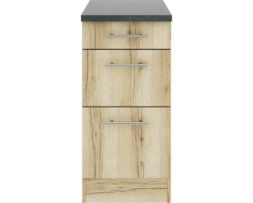 Armoire étroite en bois avec trois tiroirs et un plan de travail foncé