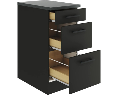 Meuble à tiroirs noir avec trois éléments coulissants