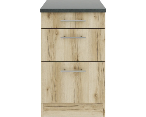 Meuble de salle de bains étroit avec trois tiroirs et dessus