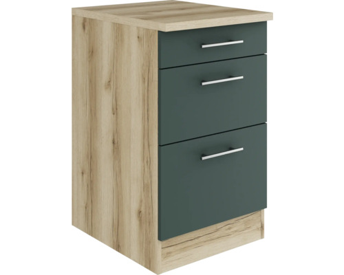 Meuble bas à tiroirs Optifit Savona405 lxpxh 50 x 60 x 84,8 cm couleur de façade vert mat couleur du corps chêne sauvage Meuble bas à tiroirs Optifit Savona405 lxpxh 50 x 60 x 84,8 cm couleur de façade vert mat couleur du corps chêne sauvage