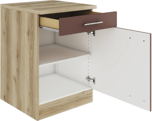 Meuble bas de cuisine ouvert avec tiroir et étagères