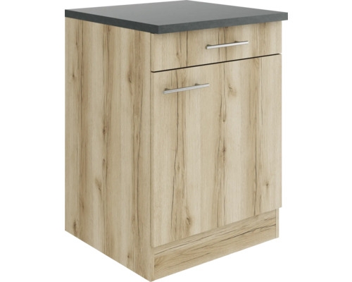 Meuble bas avec tiroir et porte pivotante Optifit Livorno290 lxpxh 60 x 60 x 84,8 cm couleur de façade chêne sauvage mat structuré couleur du corps chêne sauvage tirant réversible (peut être monté à gauche ou à droite) Meuble bas avec tiroir et porte aspect bois