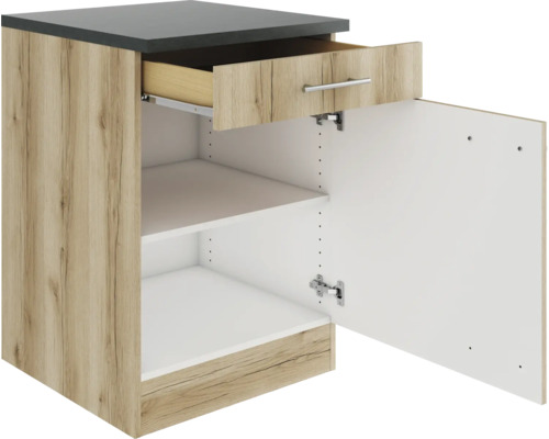 Meuble bas de cuisine avec tiroir et compartiment ouvert