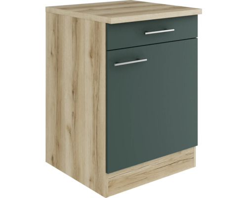 Meuble bas Optifit avec tiroir et porte pivotante Savona405 lxpxh 60 x 60 x 84,8 cm vert mat structuré démonté tirant réversible (montage à gauche ou à droite)