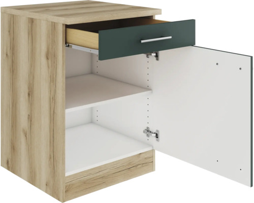 Meuble bas de cuisine avec tiroir, étagères et porte ouverte