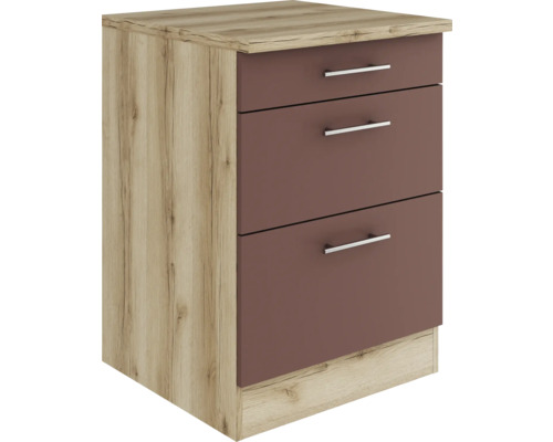 Optifit Schubladenunterschrank Bari407 BxTxH 60x60x84,8 cm rostrot matt zerlegt Nachttisch mit drei Schubladen und Holzoptik