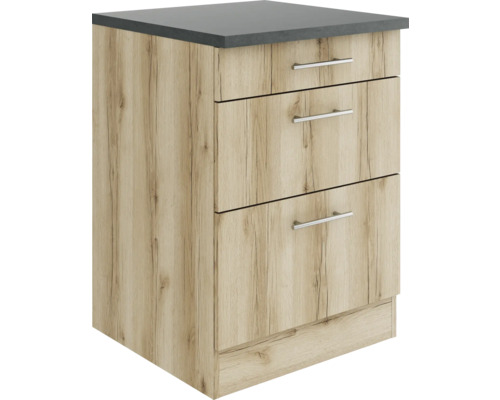 Meuble bas à tiroirs Optifit Livorno290 lxpxh 60 x 60 x 84,8 cm couleur de façade chêne sauvage mat structuré couleur du corps chêne sauvage Meuble bas à tiroirs Optifit Livorno290 lxpxh 60 x 60 x 84,8 cm couleur de façade chêne sauvage mat structuré couleur du corps chêne sauvage