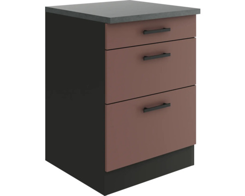Meuble bas tiroir Optifit Nizza407 lxpxh 60x60x84,8 cm rouge rouille mat démonté Meuble bas avec trois tiroirs pour cuisines ou autres pièces