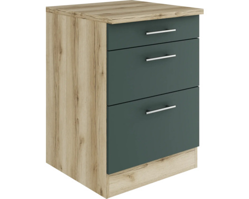 Meuble bas tiroir Optifit Savona405 lxpxh 60 x 60 x 84,8 cm vert mat démonté Table de chevet avec trois tiroirs aspect bois et tons gris