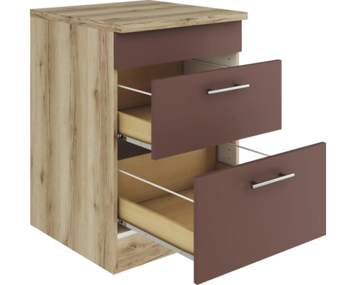 Table de chevet avec deux tiroirs ouverts