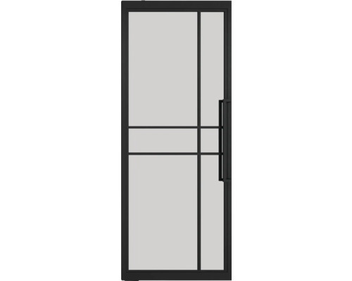 Schwarze Duschkabinentür mit Griff und Glasscheiben.