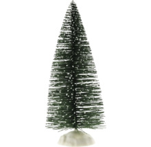 Dekorativer Miniatur-Weihnachtsbaum mit beschneiten Zweigen auf Sockel