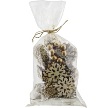 Dekoratives Set aus Zapfen, Kugeln und Schneeflocken in einer transparenten Verpackung für festliche Dekorationen.