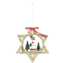 Dekorativer Weihnachtsstern aus Holz mit Weihnachtsmann und Bäumen als Christbaumschmuck