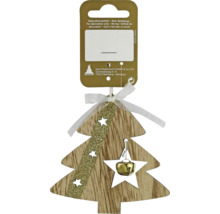 Dekorative Holz Christbaumspitze mit Glitzerstreifen und Glocke