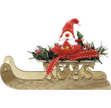 Traîneau en bois avec figurine de Père Noël, ruban rouge et décoration verte comme décoration de Noël