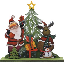 Weihnachtsdekoration mit Weihnachtsmann, Rentier, Schneemann, Weihnachtsbaum und Geschenken