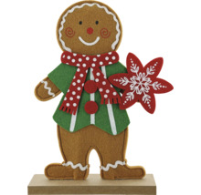 Lebkuchenmann Figur auf Sockel mit Schal und Schneeflocke als Weihnachtsdekoration