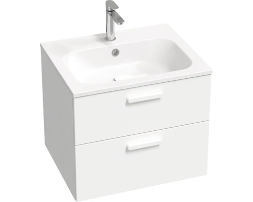 Weisser Waschtischunterschrank mit zwei Schubladen und Aufsatzwaschbecken sowie einer Armatur