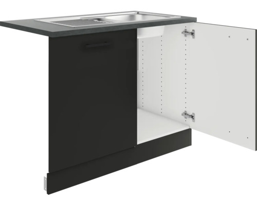 Meuble sous-évier avec porte ouverte, évier en acier inoxydable