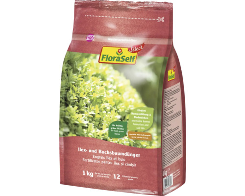 Ilex- & Buchsbaumdünger FloraSelf Select 1 kg organisch-mineralisch FloraSelf Ilex- und Buchsbaumdünger in einer 1 Kilogramm Verpackung
