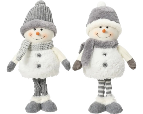 Deux bonhommes de neige en tissu avec des bonnets et des écharpes comme décoration de Noël
