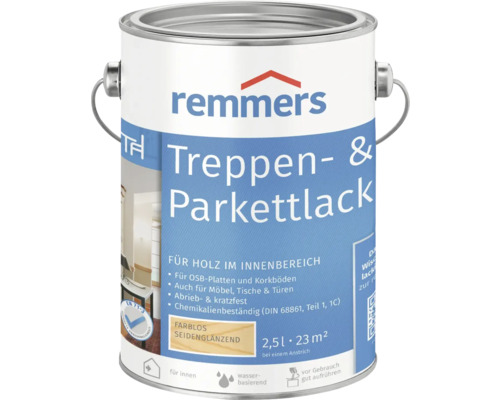 Remmers Vernis escaliers et parquets incolore satiné dans une boîte de 2,5 litres