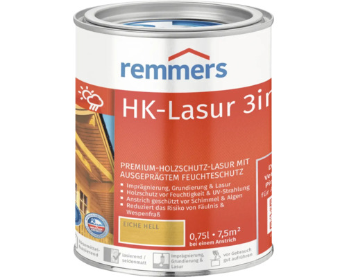Lasure HK Remmers chêne clair 750 ml Remmers HK-Lasur 3 en 1 Lasure de protection du bois avec protection contre l''humidité en bidon de 0,75 litre