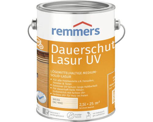 Lasure de protection anti-UV longue durée Remmers blanc 2.5 l Boîte de lasure anti-UV Dauerschutz de Remmers avec un contenu de 2,5 litres pour bois extérieur