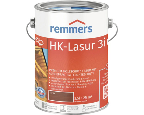 Remmers HK Lasur 3en1 Teck Lasure de protection du bois dans un seau métallique de 2,5 litres