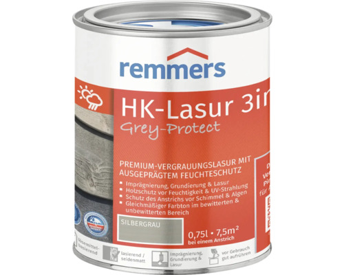 Lasure HK Remmers gris argent 750 ml Remmers HK-Lasur 3en1 Grey-Protect lasure pour bois, conditionnement