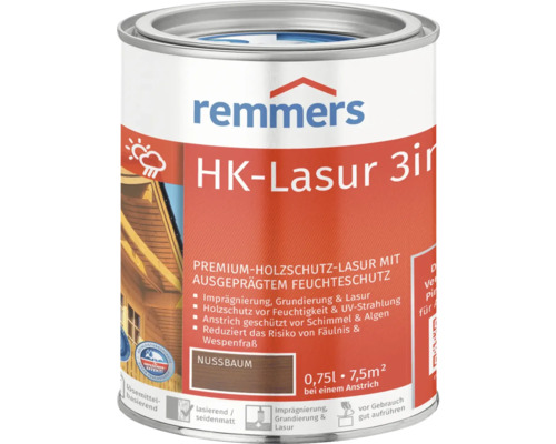 Boîte de lasure Remmers HK 3en1 Noyer, lasure de protection du bois avec protection contre l''humidité, 0,75 litre