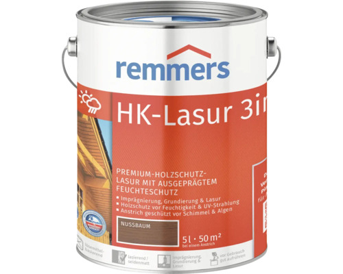 Remmers HK-Lasur 3en1 Lasure de protection du bois couleur noyer, boîte de 5 litres
