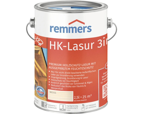Remmers HK-Lasur 3en1 Lasure de protection du bois de couleur blanche avec un contenu de 2,5 litres