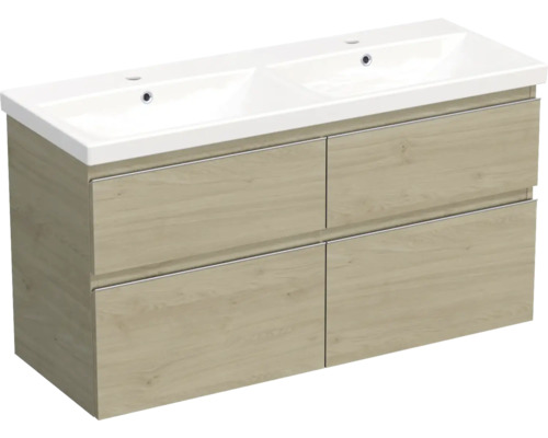 Keramikdoppelwaschbecken mit Unterschrank Jungborn TRENTA BxHxT 120x65x45 cm kendal eiche natur - Griff silber