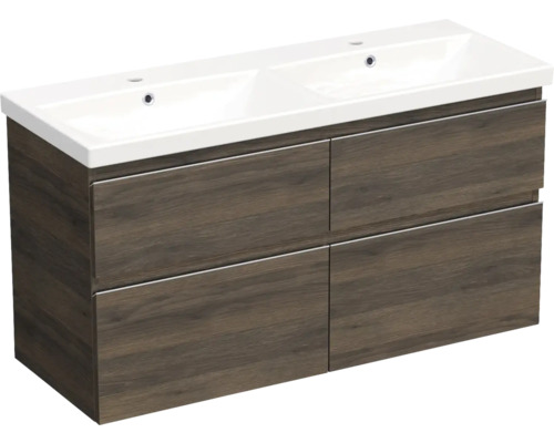 Keramikdoppelwaschbecken mit Unterschrank Jungborn TRENTA BxHxT 120x65x45 cm gladstone eiche tabak - Griff silber