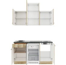 Kompakte Küchenzeile mit Hängeschränken, Spüle, Kochfeld und Kühlschrank.