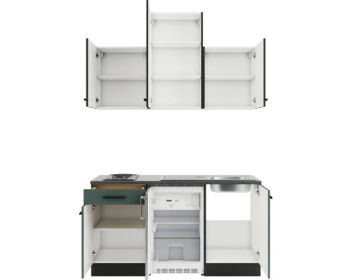 Mini-cuisine moderne avec évier, plaque de cuisson, réfrigérateur et placards hauts