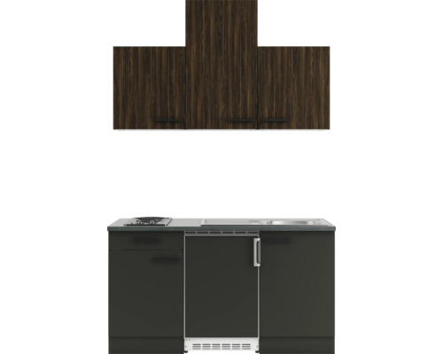 Cuisine compacte avec éléments hauts et bas, évier et plaque de cuisson